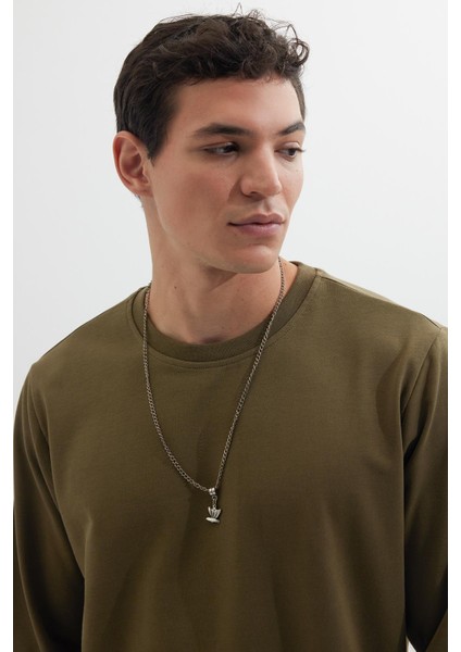 Erkek Relax Fit Rahat Kesim %100 Pamuk 2 Iplik Bisiklet Yaka Haki Sweatshirt fiyatları