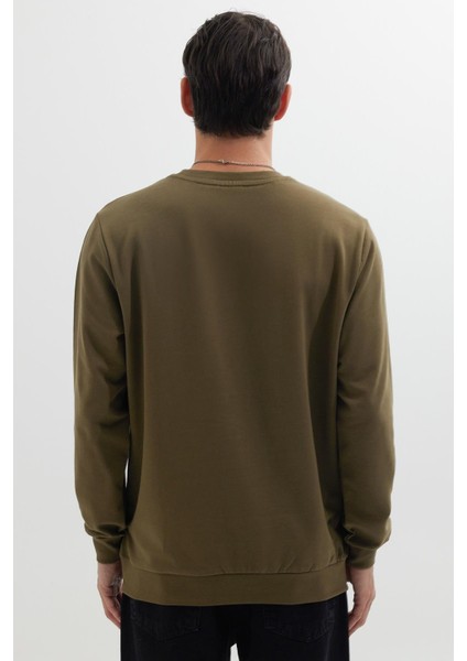 Erkek Relax Fit Rahat Kesim %100 Pamuk 2 Iplik Bisiklet Yaka Haki Sweatshirt