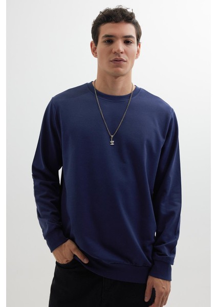 Erkek Relax Fit Rahat Kesim %100 Pamuk 2 Iplik Bisiklet Yaka lacivert Sweatshirt