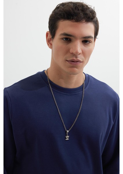 Erkek Relax Fit Rahat Kesim %100 Pamuk 2 Iplik Bisiklet Yaka lacivert Sweatshirt fiyatları