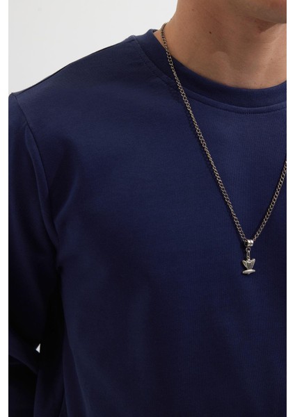 Erkek Relax Fit Rahat Kesim %100 Pamuk 2 Iplik Bisiklet Yaka lacivert Sweatshirt modelleri