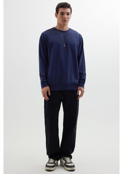 Erkek Relax Fit Rahat Kesim %100 Pamuk 2 Iplik Bisiklet Yaka lacivert Sweatshirt fırsatları