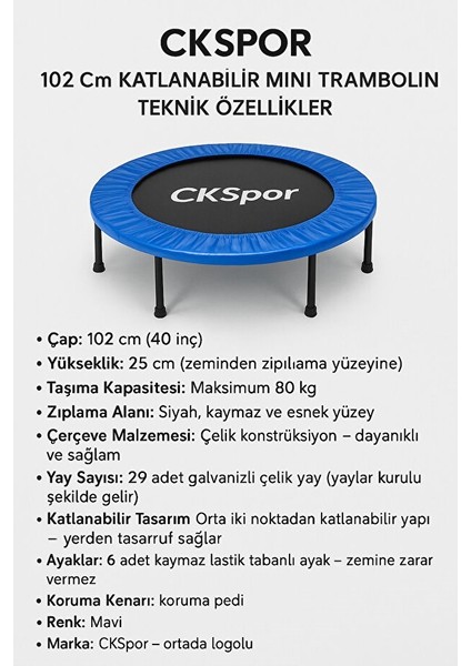 102CM Katlanabilir Trambolin – Taşınabilir Egzersiz Mavi Trambolini fırsatları