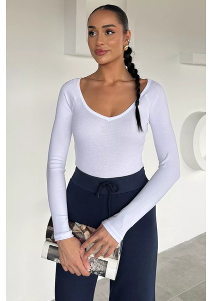 Kadın V Yaka Uzun Kol Likralı Slim Fit Body Bluz P-00018623
