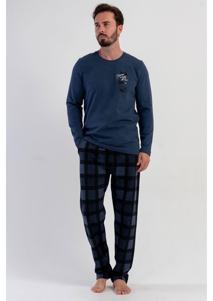 Erkek Mavi Uzun Kollu Bisiklet Yaka Kareli Alt 2 Iplik Pijama Takımı C1T8N1305