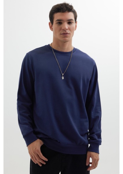 Erkek Relax Fit Rahat Kesim %100 Pamuk 2 Iplik Bisiklet Yaka lacivert Sweatshirt indirimleri