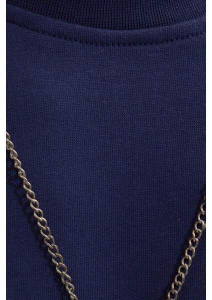 Erkek Relax Fit Rahat Kesim %100 Pamuk 2 Iplik Bisiklet Yaka lacivert Sweatshirt