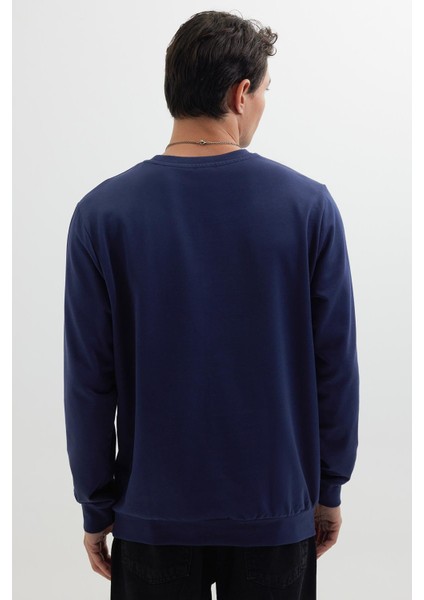 Erkek Relax Fit Rahat Kesim %100 Pamuk 2 Iplik Bisiklet Yaka lacivert Sweatshirt