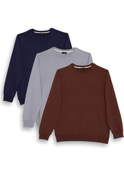 Erkek 3'lü Lacivert-Gri-Kahverengi Relax Fit Rahat Kesim %100 Pamuk 2 Iplik Bisiklet Yaka Sweatshirt