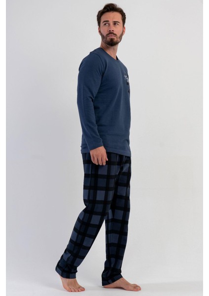 Erkek Mavi Uzun Kollu Bisiklet Yaka Kareli Alt 2 Iplik Pijama Takımı C1T8N1305 fiyatları