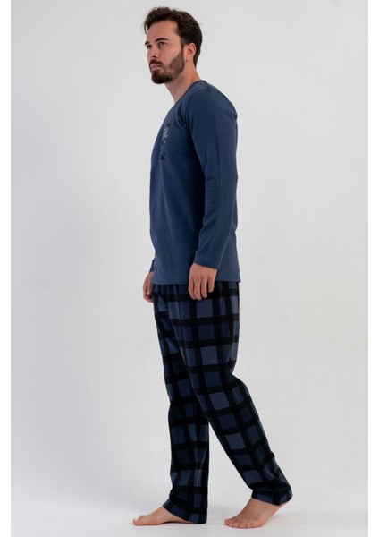 Erkek Mavi Uzun Kollu Bisiklet Yaka Kareli Alt 2 Iplik Pijama Takımı C1T8N1305 modelleri