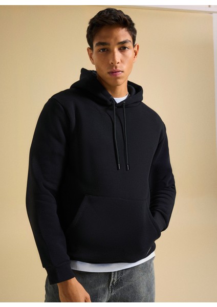 Bisiklet Yaka Düz Siyah Erkek Sweatshırt PBF5WM-SWT 5056