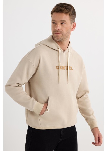 Erkek Oversize Geniş Kesim Pamuklu Baskılı Bej Kapüşonlu Sweatshirt
