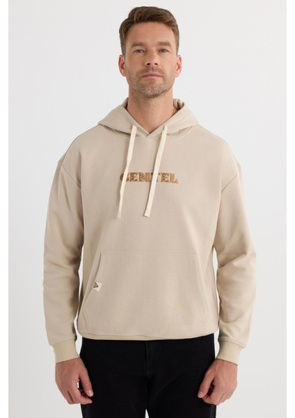 Erkek Oversize Geniş Kesim Pamuklu Baskılı Bej Kapüşonlu Sweatshirt fiyatları