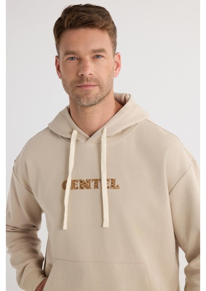 Erkek Oversize Geniş Kesim Pamuklu Baskılı Bej Kapüşonlu Sweatshirt fırsatları