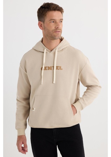 Erkek Oversize Geniş Kesim Pamuklu Baskılı Bej Kapüşonlu Sweatshirt indirimleri