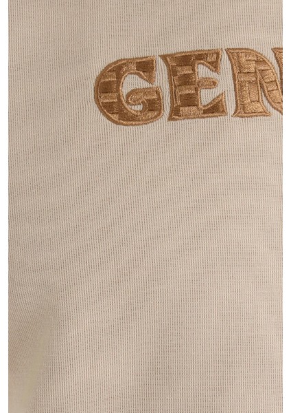 Erkek Oversize Geniş Kesim Pamuklu Baskılı Bej Kapüşonlu Sweatshirt