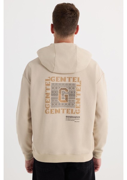 Erkek Oversize Geniş Kesim Pamuklu Baskılı Bej Kapüşonlu Sweatshirt
