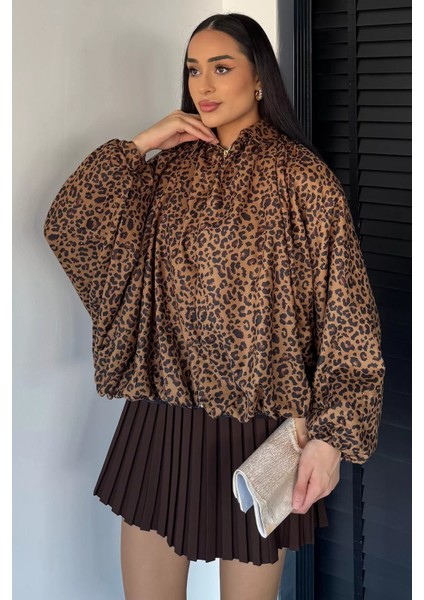 Kadın Leopar Desenli Yarasa Kol Fermuarlı Oversize Ceket P-00018859