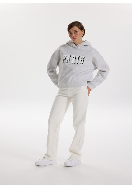 Kapüşon Yaka Baskılı Açık Gri Melanj Kadın Sweatshırt F5WL-SWT0231 fırsatları