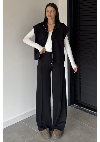 Kadın Çift Cepli Yelek Bel Lastikli Çimalı Palazzo Pantolon Ikili Takım P-00018852