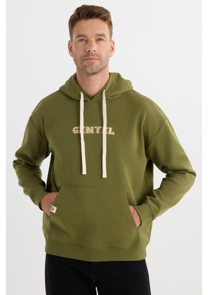 Erkek Oversize Geniş Kesim Pamuklu Baskılı Yeşil Kapüşonlu Sweatshirt