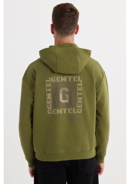 Erkek Oversize Geniş Kesim Pamuklu Baskılı Yeşil Kapüşonlu Sweatshirt