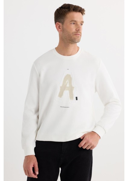 Unisex Relax Fit Rahat Kesim Pamuklu Yumuşak Dokulu Bisklet Yaka Iç Polarlı Baskılı Ekru Sweatshirt