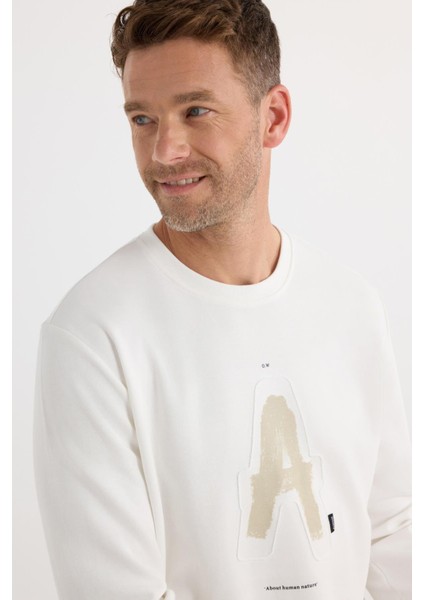 Unisex Relax Fit Rahat Kesim Pamuklu Yumuşak Dokulu Bisklet Yaka Iç Polarlı Baskılı Ekru Sweatshirt fiyatları
