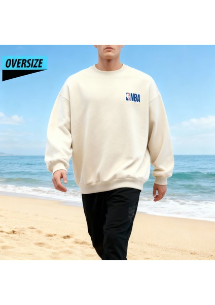 Basketbol Tutkunlarına Özel Nba Sweatshirt Oversize Bej