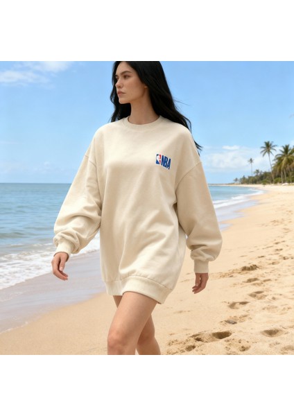 Basketbol Tutkunlarına Özel Nba Sweatshirt Oversize Bej