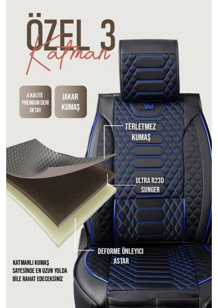 Renault Laguna 2 Deri Oto Koltuk Kılıfı Ön Arka Takım Siyah Mavi Royal Serisi Scr indirimleri