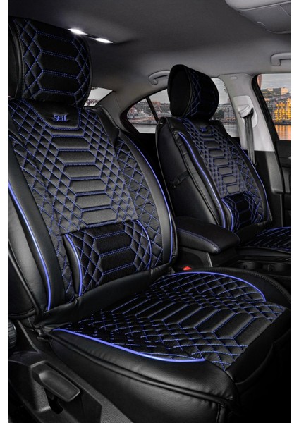 Seat Ibiza Eski Deri Oto Koltuk Kılıfı Ön Arka Takım Siyah Mavi Royal Serisi Scr