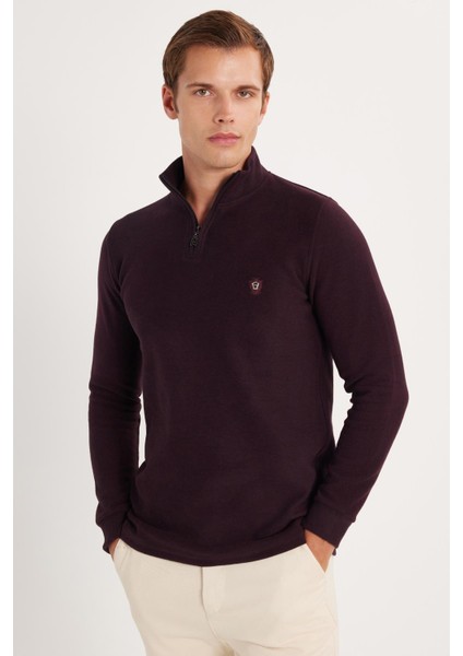 Erkek Slim Fit Dar Kesim Pamuklu Selanik Kumaş Yarım Fermuarlı Mürdüm Dik Yaka Sweatshirt