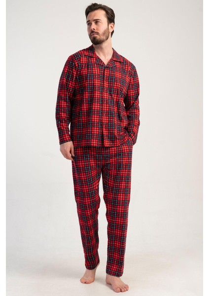 Erkek Kırmızı Renk Önden Düğmeli Gömlek Yaka Uzun Kollu Ekose Pijama Takımı C6T3N0105