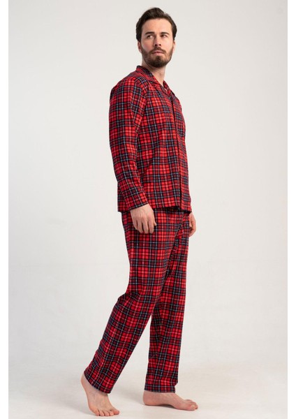 Erkek Kırmızı Renk Önden Düğmeli Gömlek Yaka Uzun Kollu Ekose Pijama Takımı C6T3N0105 fiyatları