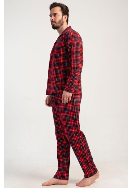 Erkek Kırmızı Renk Önden Düğmeli Gömlek Yaka Uzun Kollu Ekose Pijama Takımı C6T3N0105 modelleri