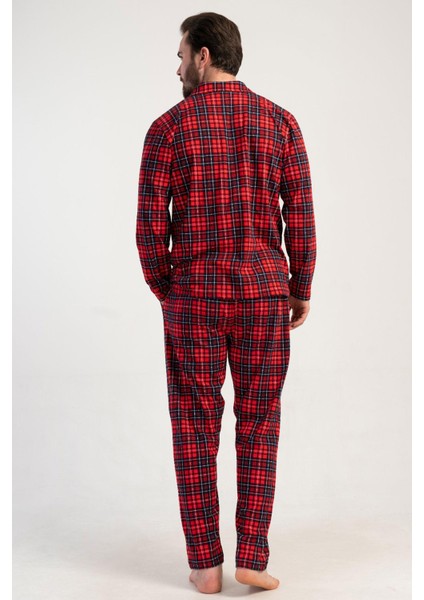Erkek Kırmızı Renk Önden Düğmeli Gömlek Yaka Uzun Kollu Ekose Pijama Takımı C6T3N0105 fırsatları