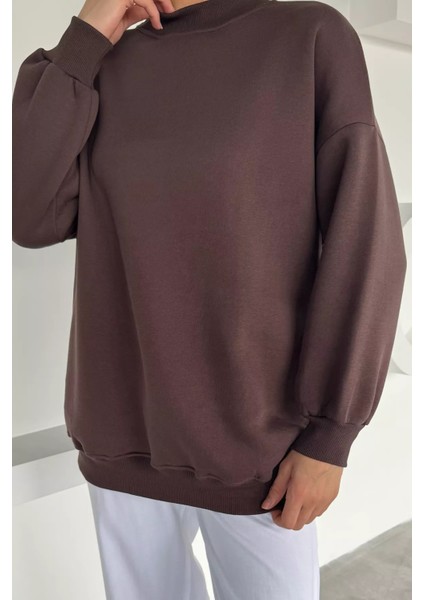 Kadın Dik Yaka Üç Iplik Şardonlu Oversize Sweatshirt P-00018580