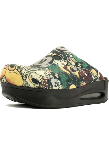 Kadın Air Max Siyah Mickey Mouse Desenli Hakiki Deri Ortopedik Sabo Terlik