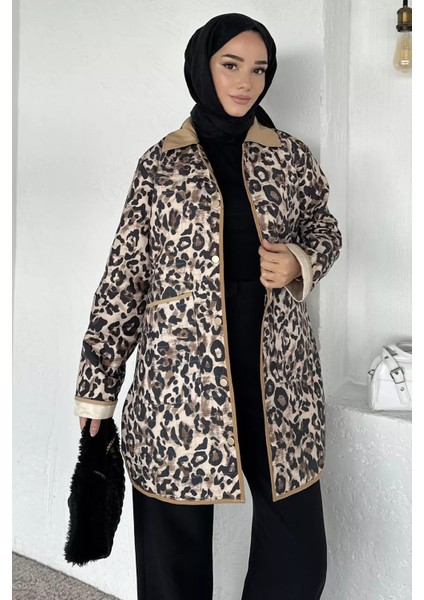Leopar Desenli Ön Çıtçıtlı Tesettür Trençkot P-00018858 modelleri