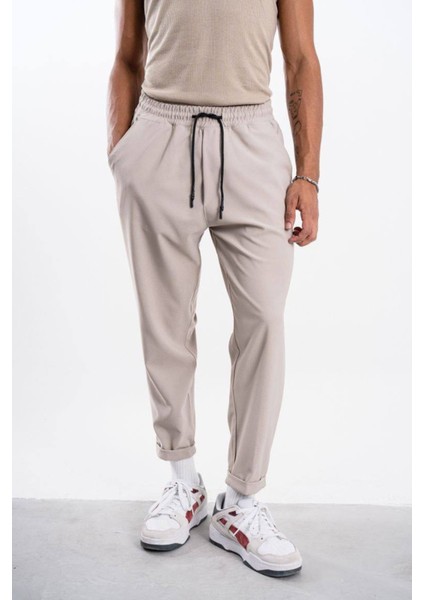 Erkek Bej Kalın Kumaş Boyfriend Pantolon Hafif Bol