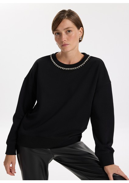 Bisiklet Yaka Taşlı Siyah Kadın Sweatshırt F5WL-SWT0036