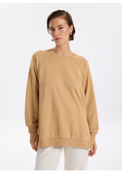 Bisiklet Yaka Düz Camel Kadın Sweatshırt Falu-Y