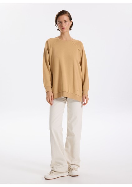 Bisiklet Yaka Düz Camel Kadın Sweatshırt Falu-Y