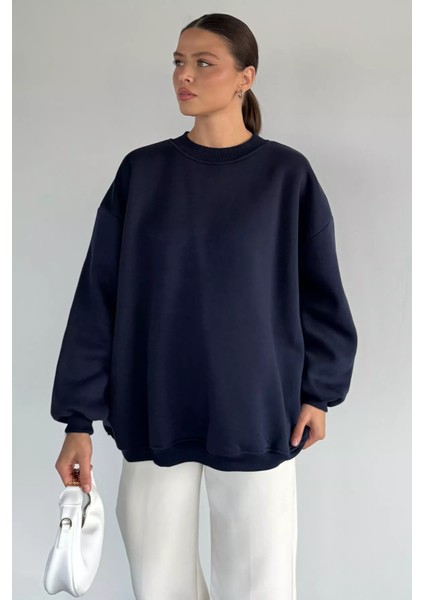 Kadın Bisiklet Yaka Şardonlu Oversize Sweatshirt P-00018609