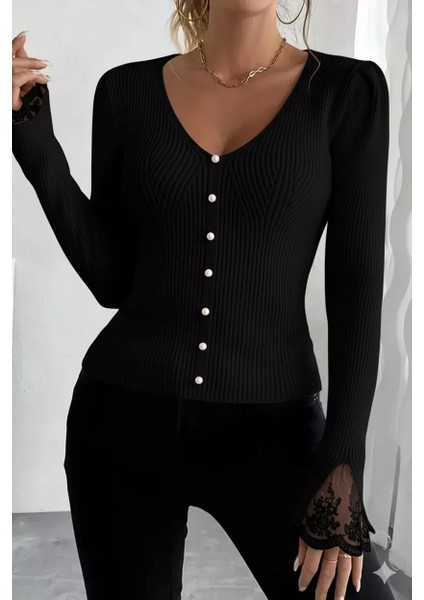 Kol Güpür Detaylı V Yaka Triko Bluz P-00018358