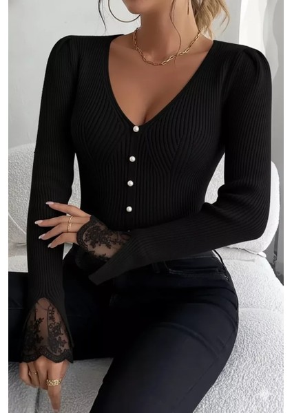 Kol Güpür Detaylı V Yaka Triko Bluz P-00018358 fiyatları