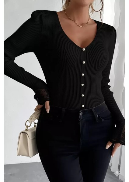 Kol Güpür Detaylı V Yaka Triko Bluz P-00018358 modelleri