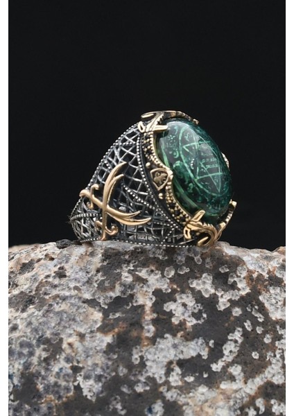 Özel Tasarım Hz. Ali'nin Kılıcı Zülfikar Sıkma Kehribar Taşlı 925 Ayar Gümüş Erkek Yüzüğü 902329